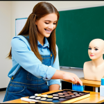 Aspiring Makeup Artist Learning**

A young woman with a friendly smile, fully clothed in a modest and professional outfit suitable for a student (e.g., jeans and a t-shirt or a simple dress), diligently practicing makeup on a mannequin head in a bright and clean classroom setting. Makeup brushes and palettes are neatly arranged on a desk. The scene should evoke a sense of dedication and learning. Safe for work, appropriate content, professional, modest, family-friendly, perfect anatomy, correct proportions, natural pose, well-formed hands, proper finger count, natural body proportions.

**