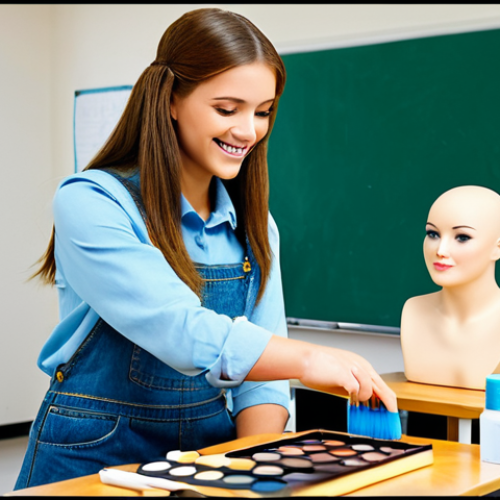 Aspiring Makeup Artist Learning**

A young woman with a friendly smile, fully clothed in a modest and professional outfit suitable for a student (e.g., jeans and a t-shirt or a simple dress), diligently practicing makeup on a mannequin head in a bright and clean classroom setting. Makeup brushes and palettes are neatly arranged on a desk. The scene should evoke a sense of dedication and learning. Safe for work, appropriate content, professional, modest, family-friendly, perfect anatomy, correct proportions, natural pose, well-formed hands, proper finger count, natural body proportions.

**