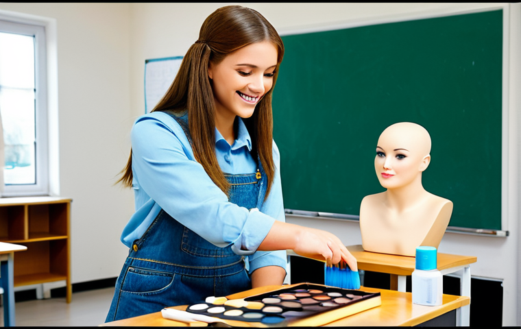 Aspiring Makeup Artist Learning**

A young woman with a friendly smile, fully clothed in a modest and professional outfit suitable for a student (e.g., jeans and a t-shirt or a simple dress), diligently practicing makeup on a mannequin head in a bright and clean classroom setting. Makeup brushes and palettes are neatly arranged on a desk. The scene should evoke a sense of dedication and learning. Safe for work, appropriate content, professional, modest, family-friendly, perfect anatomy, correct proportions, natural pose, well-formed hands, proper finger count, natural body proportions.

**