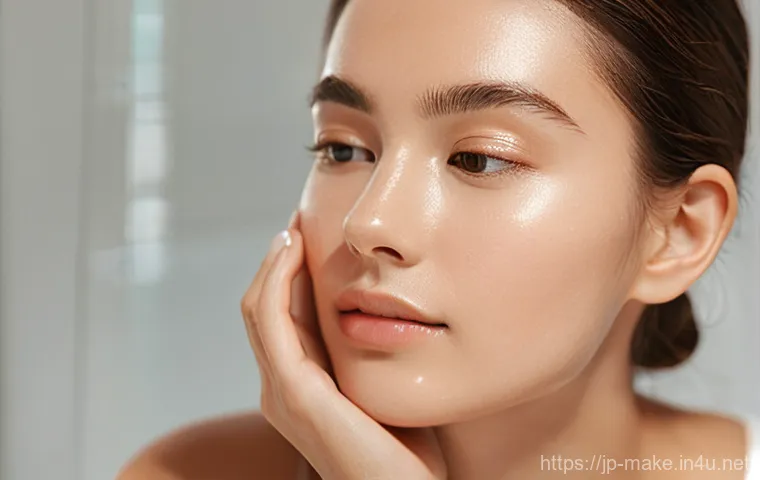 뷰티 컨텐츠 제작과 메이크업 - **Prompt 1: Hydrating Serum Application**
    A close-up portrait of a radiant young woman, early 30...