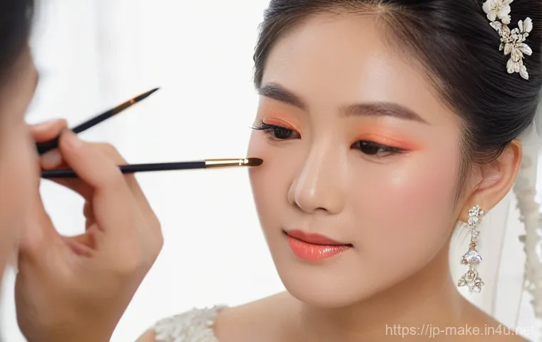 웨딩 메이크업 전문가 업무 사례 - **"A close-up portrait of a beautiful Japanese bride receiving her 'personal color' makeup. The prof...