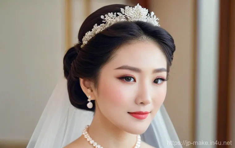 웨딩 메이크업 전문가 업무 사례 - **"A vibrant, full-face portrait of a modern Japanese bride showcasing 'effortless chic' wedding mak...