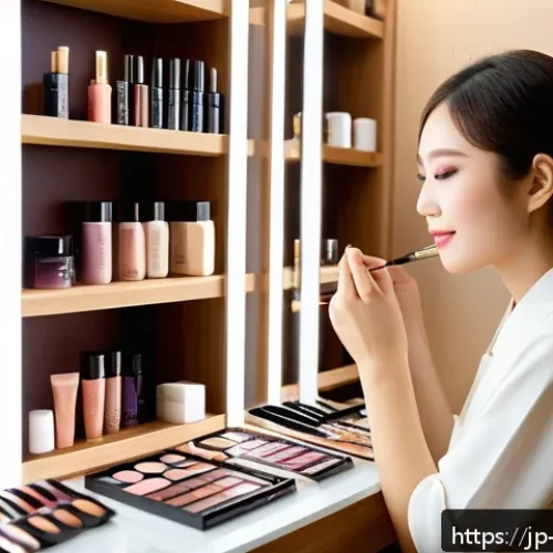 뷰티 업계 진출 방법과 메이크업의 역할 - A professional makeup artist in a modern beauty salon, carefully applying vibrant, trendy makeup to ...