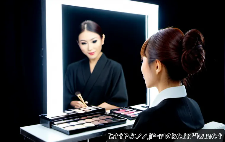 메이크업 아티스트 성공 사례 - Photorealistic editorial portrait of a successful Japanese makeup artist backstage at a prestigious ...