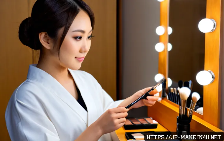 메이크업 전문가의 성장 스토리 - Photorealistic editorial scene of a young Japanese makeup artist’s career growth, split-style compos...