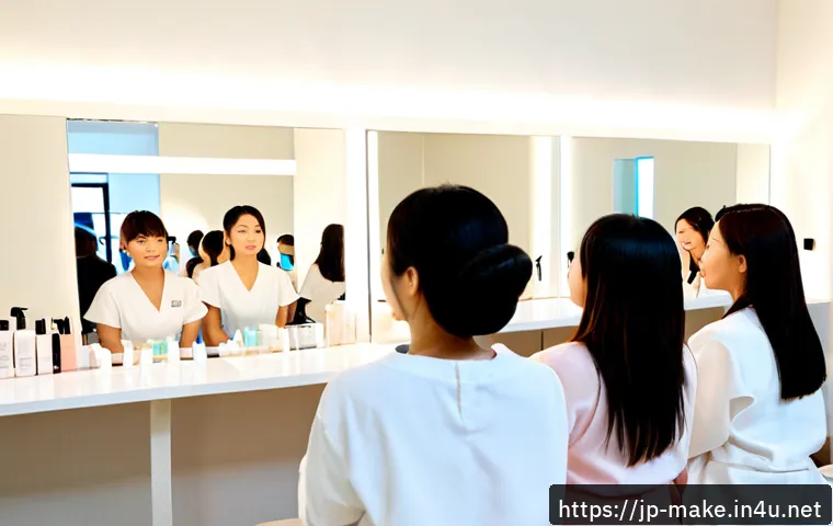 뷰티 산업에서의 메이크업 수요 변화 - Photorealistic modern Japanese beauty boutique, a diverse group of adult Japanese women and men test...