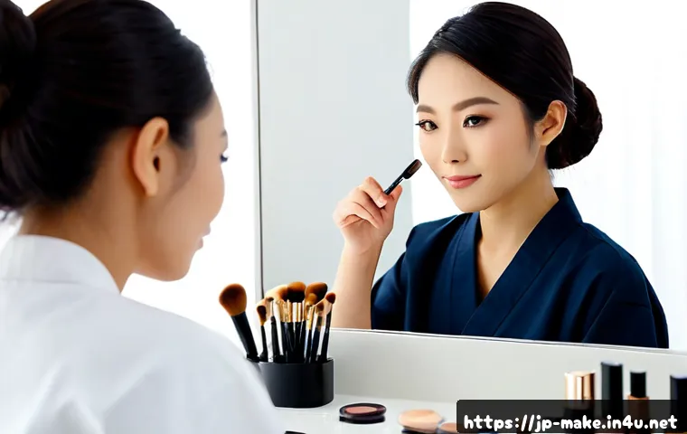 뷰티 기업 채용 정보와 메이크업 - Photorealistic beauty company recruitment concept, confident young Japanese makeup artist in a clean...